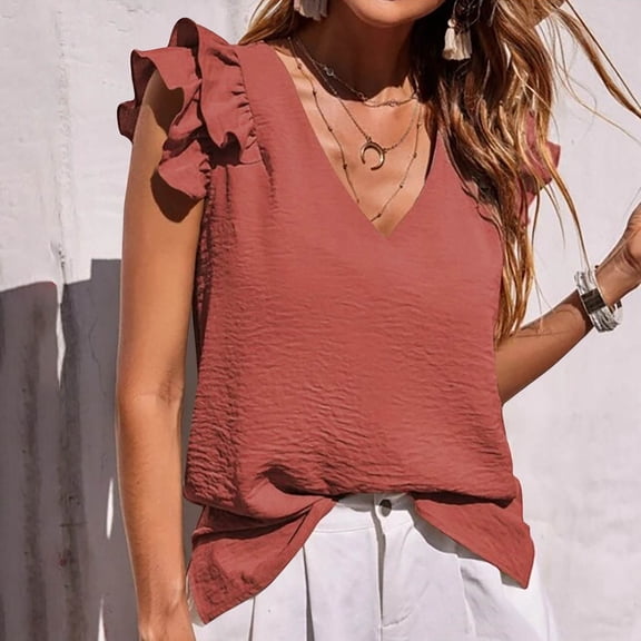 ECZHAW Womens Summer Tops,Womens Short Sleeve Tops Casual Solid Color Ruffle V Neck T Shirts Blouses,