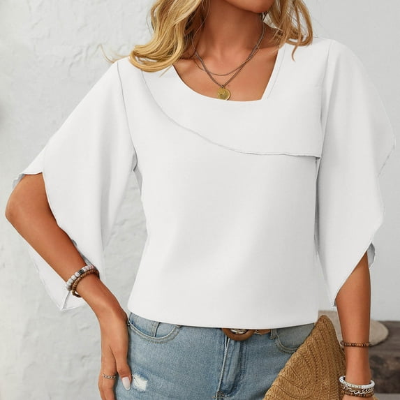 ECZHAW Womens Tops , 3/4 Petal Sleeve Blouse for Women Trendy Asymmetrical Neckline Chiffon Shirts Casual Loose Fit Tees Comfy Summer Tops ,
