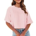 thumbnail image 1 of ECZHAW Womens Tops ,Women Half Sleeve Cropped T-Shirts Drop Shoulder Round Neck Crop Tops Casual Summer Solid Color Basic Tees, 1 of 6