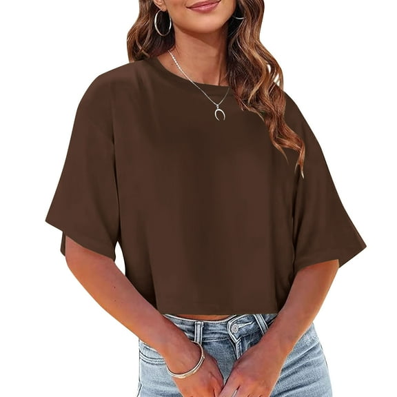 ECZHAW Womens Tops ,Women Half Sleeve Cropped T-Shirts Drop Shoulder Round Neck Crop Tops Casual Summer Solid Color Basic Tees