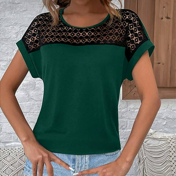 ECZHAW Womens Tops ,Women's Round Neck Short Sleeve Lace Hollow Out Going Out Work Blouse Top