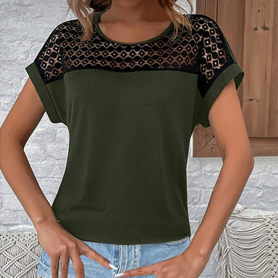 ECZHAW Womens Tops ,Women's Round Neck Short Sleeve Lace Hollow Out Going Out Work Blouse Top
