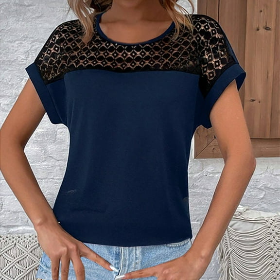 ECZHAW Womens Tops ,Women's Round Neck Short Sleeve Lace Hollow Out Going Out Work Blouse Top
