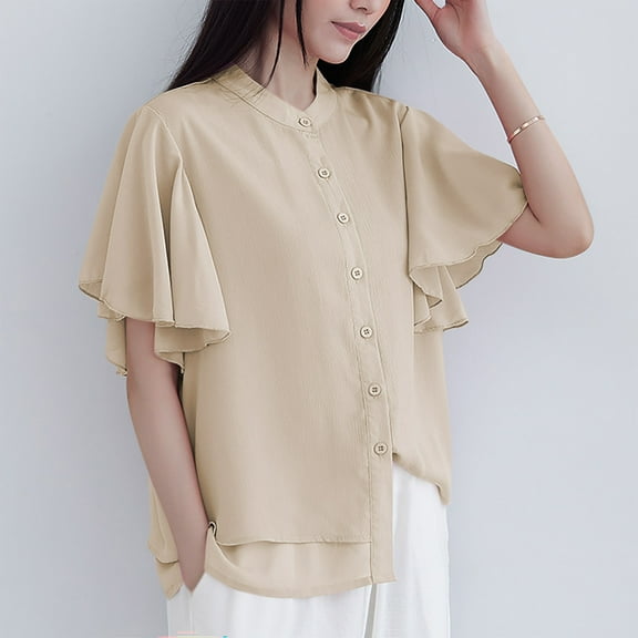 ECZHAW Womens Tops ,Women's Summer Casual Shirts Fashion Flare Sleeve Button Down Loose Blouses Trendy Breathable Going Out Tops