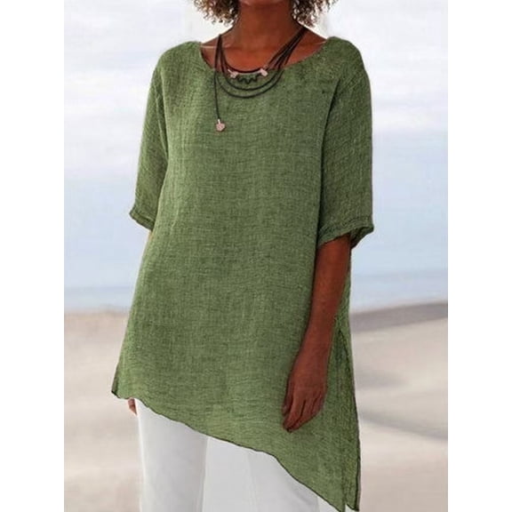 ECZHAW Womens Tops ,Women's Summer Half Sleeve Tunic Tops Casual Loose Crewneck Irregular T Shirts Solid Color Elbow Sleeve Tops