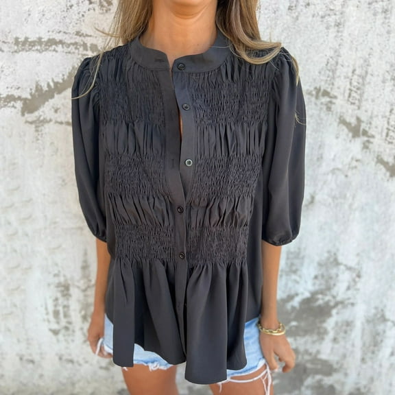 ECZHAW Womens Tops ,Women's Summer Tops Casual Puff Short Sleeve V Neck Button Loose Ruched Top Shirt Pleated Ruffle Blouse