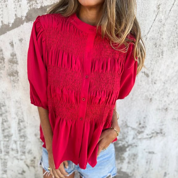 ECZHAW Womens Tops ,Women's Summer Tops Casual Puff Short Sleeve V Neck Button Loose Ruched Top Shirt Pleated Ruffle Blouse