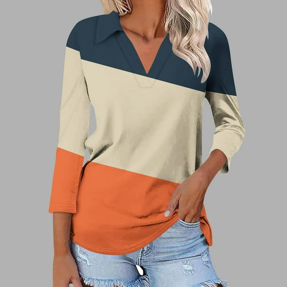 ECZHAW Womens Tops , Women's 3/4 Sleeves V Neck Shirts Basic Collar Cute Tees Dressy Casual Color Block Tops Blouses Work Shirt ,