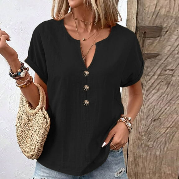 ECZHAW Womens Tops , Womens Short Sleeve Henley Tops V Neck Dressy Casual Loose Fit Shirts Summer Flowy Blouses 2025 Trendy Clothes ,