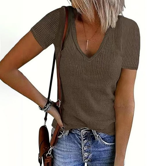 ECZHAW Women's Short Sleeve V Neck Ribbed Knit Button T Shirts Henley Solid Color Summer Tops
