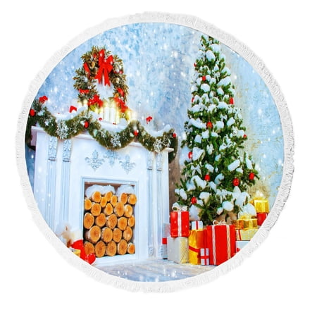 ECZJNT A room with a fireplace and Christmas tree Beach Towel Beach Blanket Beach Yoga Mat