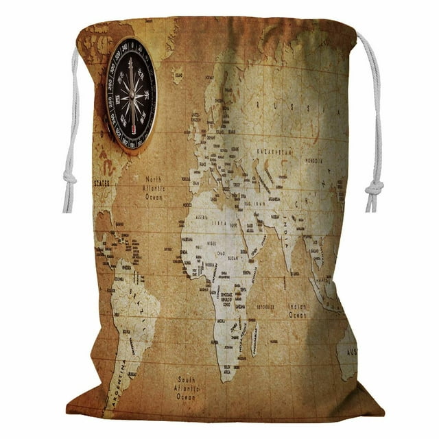 ECZJNT An old brass compass on a Treasure map Storage Basket Laundry Bag with Drawstring 18x24 Inch