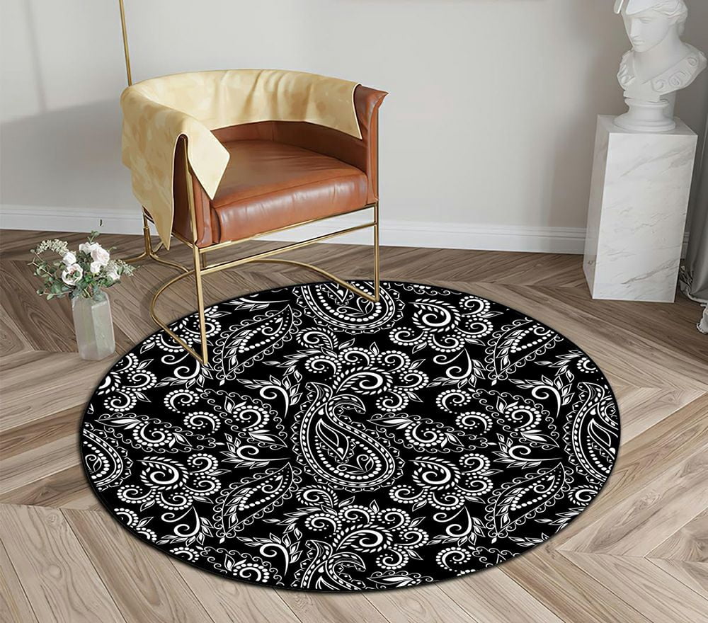 ECZJNT Black White Paisley Flowers Traditional Ethnic Round Area Rugs ...