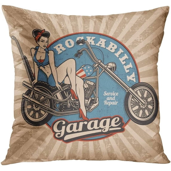 ECZJNT Classic Pin Up Girl on Motorcycle Monochrome Vintage White All Text are The Separate Layer Color Raster Throw Pillowcase Cover Cushion Case Home Decor 20x20 inch