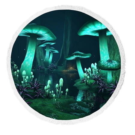 ECZJNT Fantasy dark forest with green glowing mushrooms Beach Towel Beach Blanket Beach Yoga Mat