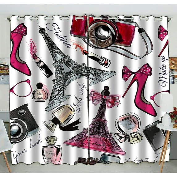 ECZJNT Perfume Eiffel Tower Shoes Cameras And Lipstick Stylish Blackout Window Curtain Drapery Panels 52x84 inch two Piece