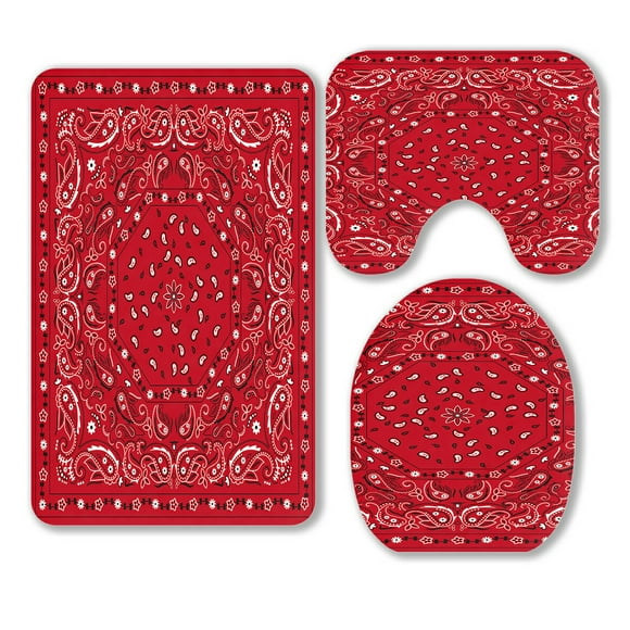 ECZJNT Red Bandana Print 3 Piece Bathroom Rugs Set Bath Rug Contour Mat and Toilet Lid Cover
