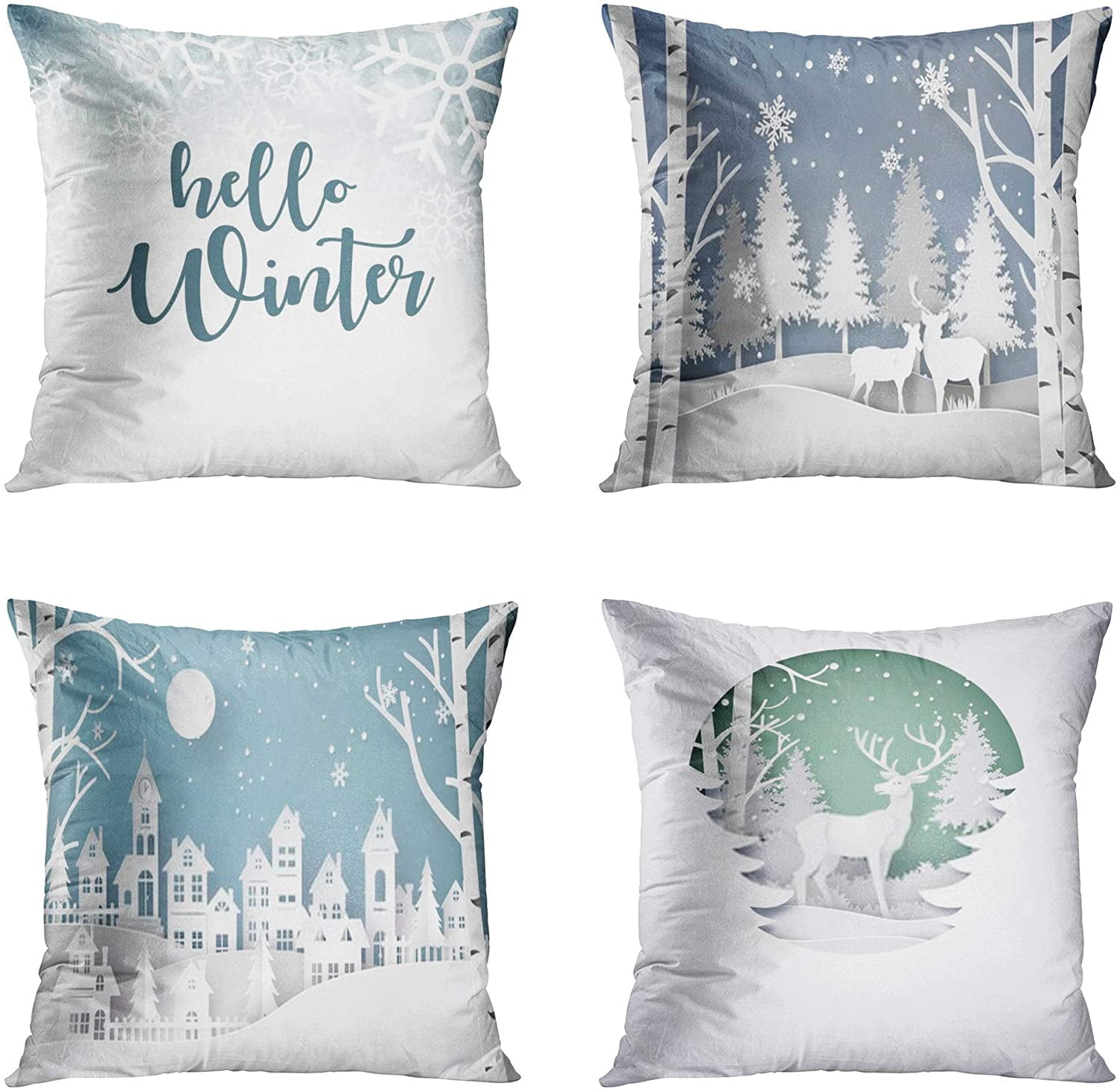 ECZJNT Set of 4 Pillow Cases Blue Wonderland Hello Winter Scene Flakes Nature Sale Christmas Throw Pillowcase Cover Cushion Case Home Decor 20x20 inch