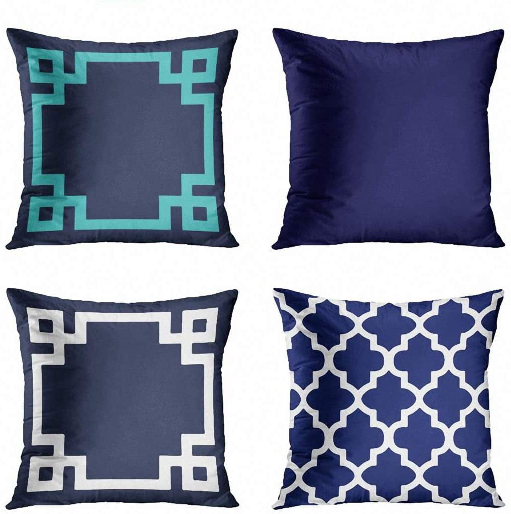 ECZJNT Set of 4 Pillow Cases Preppy Blue and Turquoise Greek Key Border