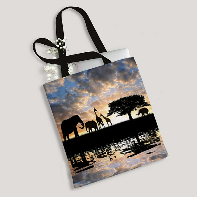 ECZJNT Silhouette elephants giraffes sunset Canvas Bag Reusable Tote Grocery Shopping Bags Tote Bag 14"(W) x 16"(H)