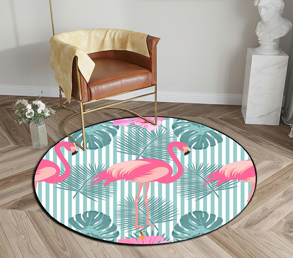 ECZJNT Tropical Exotic Pink Flamingos Palm Leaves Round Area Rugs ...