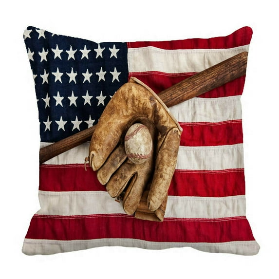 ECZJNT Vintage baseball bat glove and ball on American flag Pillow Case Cover Set 16x16 Inch