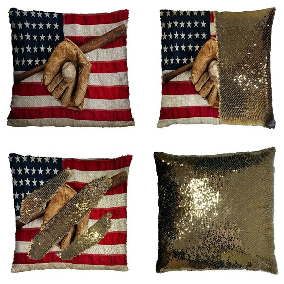 ECZJNT Vintage baseball bat glove and ball on American flag Pillow Case Home Decor Cushion Cover 20x20 Inch