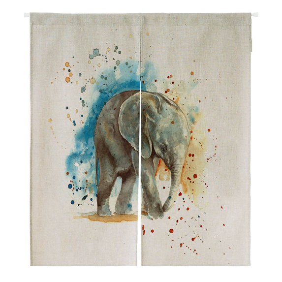 ECZJNT Watercolor Grey Elephant Blue Orange Japanese Noren Curtain Doorway Door Window Treatment Curtains Cotton Linen Curtain Size 105x120 cm