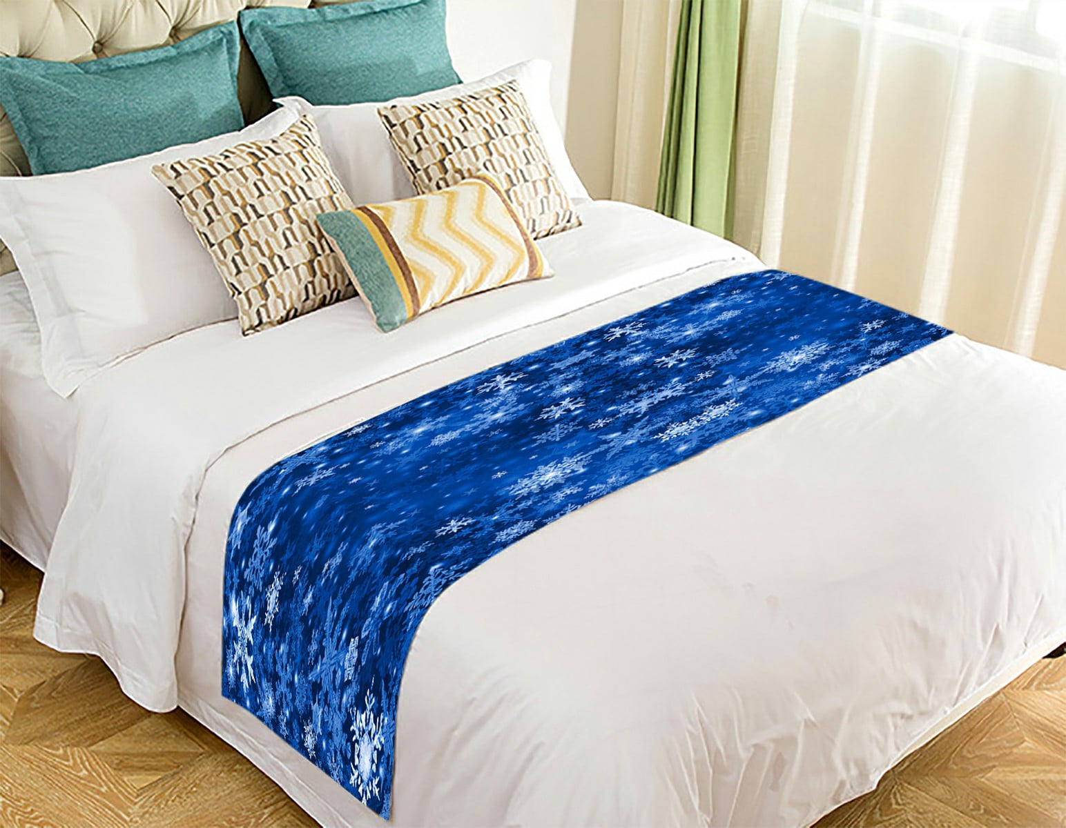 ECZJNT White blue snowflakes dark blue Bed Runner Bed Scarf Bed Decor ...