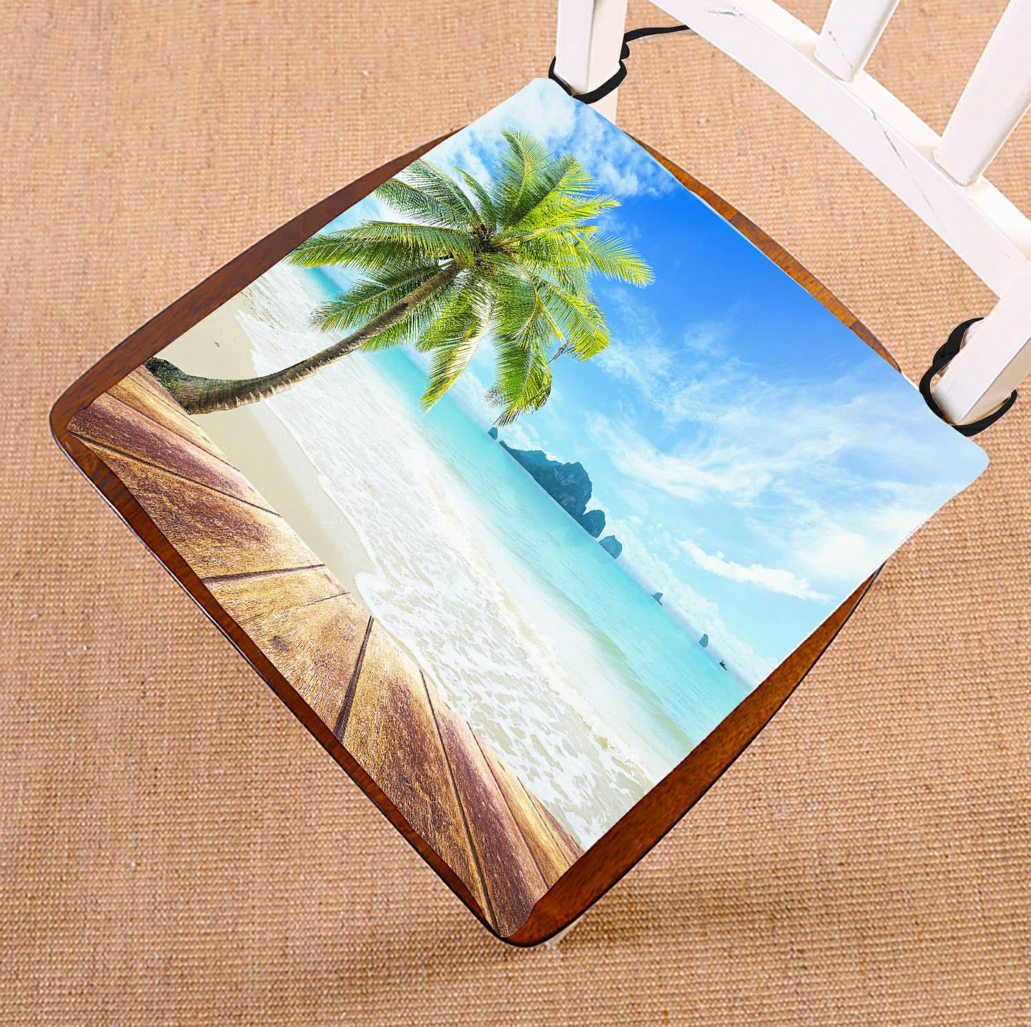 ECZJNT Wooden floor coconut palm tree at beach seat pad chair pads seat cushion 18x18 Inch
