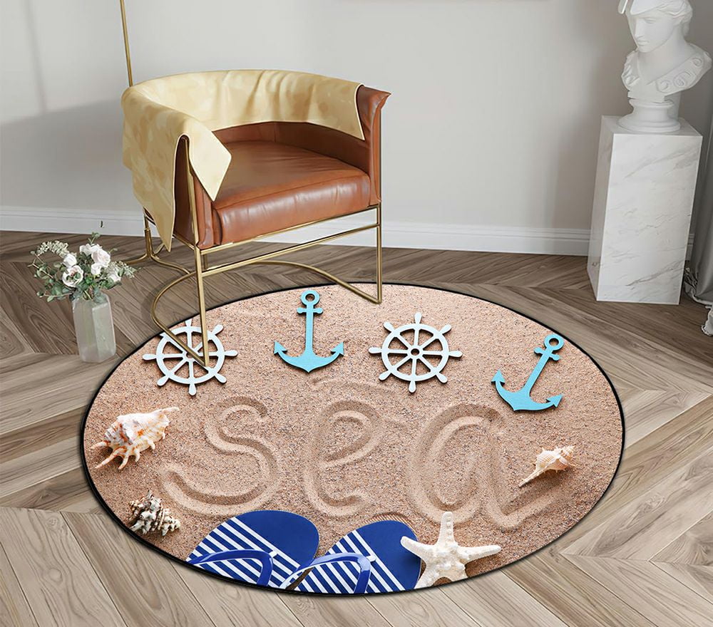 ECZJNT Word Sea Drawn On Beach Sand Anchor Ship Wheel Round Area Rugs ...