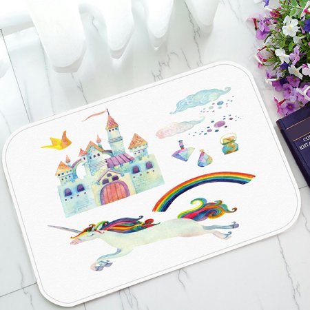 ECZJNT fairy tale unicorn rainbow castle magic gemstones clouds white Doormat Bath Mat Rug Entrance Rug Floor Mats 23.6x15.7 Inch