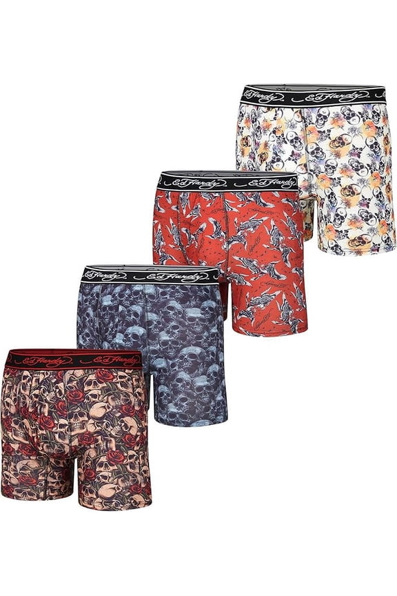 Men's Boxer Briefs 4 Pack, Soft Fabric, Pull-On Closure, Machine Washable Comfortable Stretch Boxer with Skulls & Eagle Design - Large