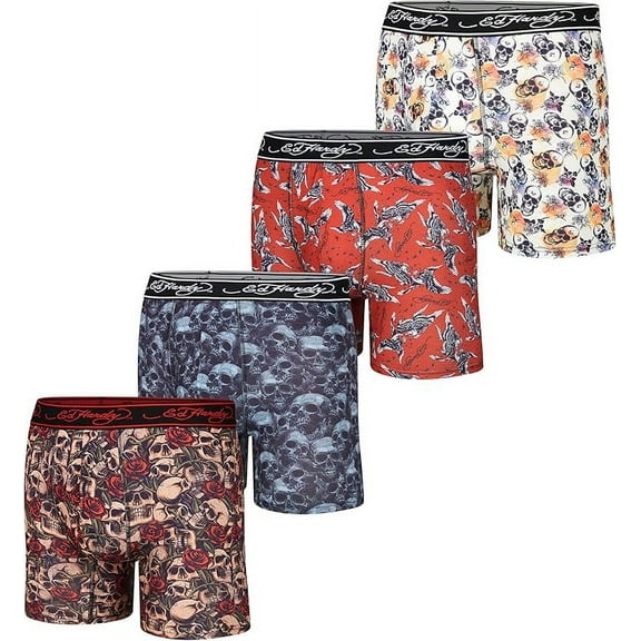 ED HARDY Men's Boxer Briefs 4 Pack, Soft Fabric, Pull-On Closure, Machine Washable Comfortable Stretch Boxer with Skulls & Eagle Design - XLarge