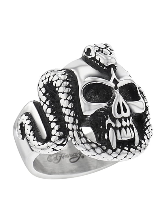 (New without tags) ED HARDY Men's Stainless Steel Silver-Tone Skull and Snake Ring Size 10