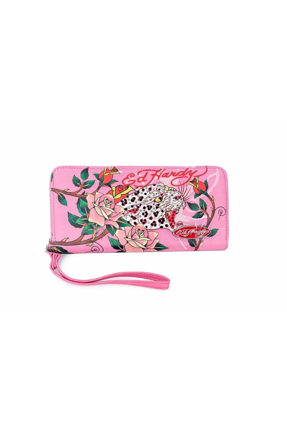 Women's Multicompartment Wallet with Wrist Strap (Pink Leopard) Y101
