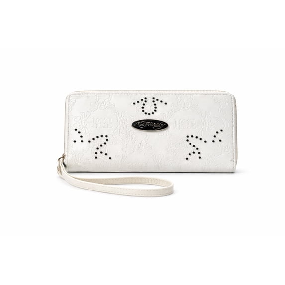 ED HARDY Zip Around Wallet with Wrist Strap Skull Embossed Stud Detail Faux Leather (White Rebel Stud)
