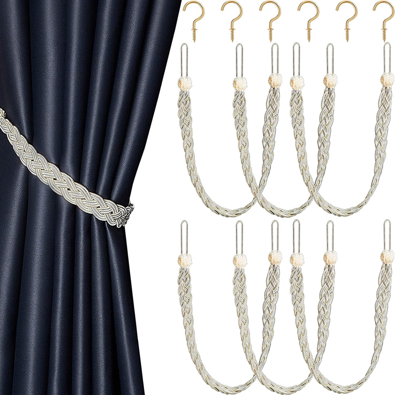 EDASCV-6 Pieces Braided Curtain Tiebacks Rope Belt Curtain Ties and 6