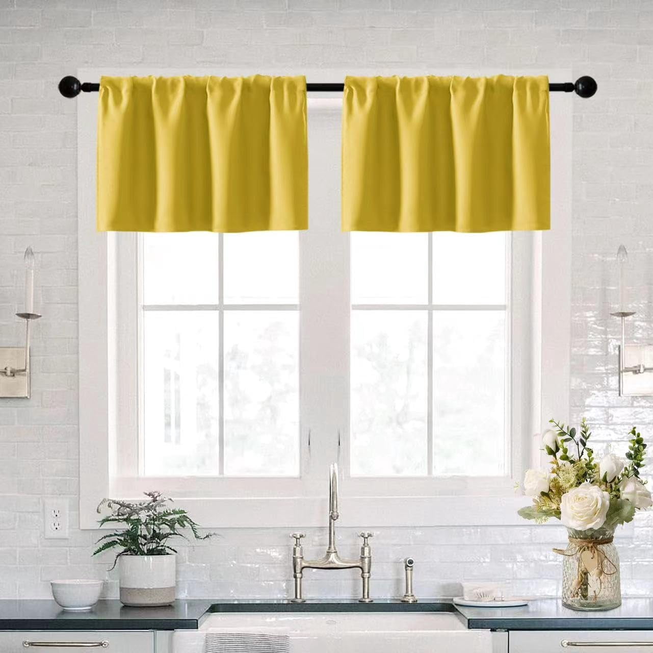 EDASCV-Yellow Valances for Windows Kitchen,2 Pack Rod Pocket Waterproof ...