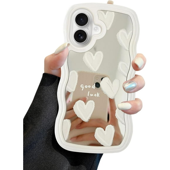 EDASCV-for iPhone 16 Case with Wavy Edge, Cute White Heart Mirror Curly Wave Frame Shape Phone Cases, Shockproof Hard PC & Soft TPU Bumper Protection Cover for Women Girls