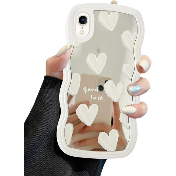 EDASCV-for iPhone XR Case with Wavy Edge, Cute White Heart Mirror Curly Wave Frame Shape Phone Cases, Shockproof Hard PC & Soft TPU Bumper Protection Cover for Women Girls