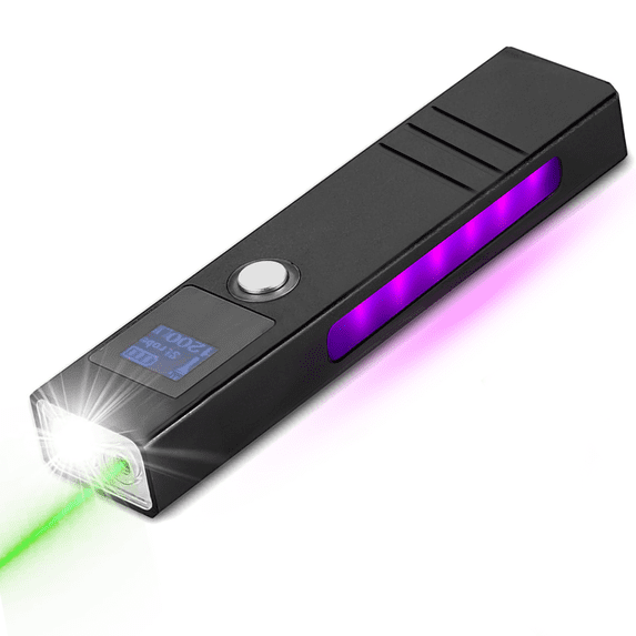 EDC 3-in-1 Flat Flashlight 1200 Lumen LED with Green Beam & UV Light, Magnetic Base, Rechargeable, Lightweight & Durable (Black)
