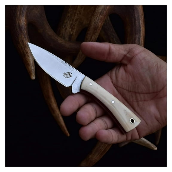 EDC Fixed Blade, High Carbon Knife, Excellect Edge Retention, Bone Handle & Heavy Duty Horizontal Carry Sheath Snug Fit (4402C-B)