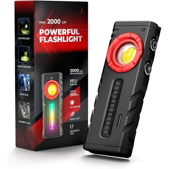 EDC Flashlight, Bright 2000 Lumens Flashlight Rechargeable, 3-in-1 Spotlight/Floodlight/Side RGB Light Pocket Flashlight,   Light with Clip for Camping, Work,