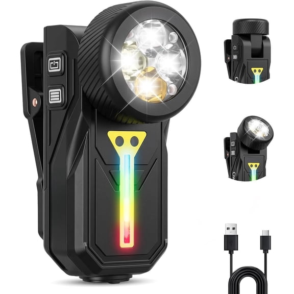 EDC Flashlight Clip- Light, Rechargeable Pocket Flashlight with 90? Tilting , 4 LED Colors + RGB Side Light, Base & Clip, IPX6 for Camping, Repair (1, Black, Small)