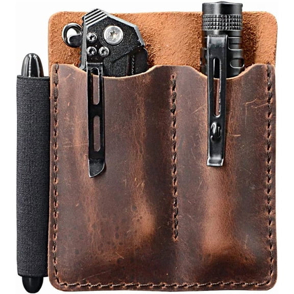 EDC Leather Pocket Organizer. Pocket Slip. Pocket Knife Pouch. EDC Carrier. with Pen Loop. Everyday Carry Organizers. Full Grain Leather. Chestnut.