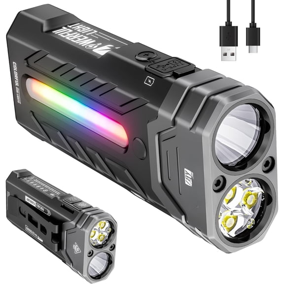 EDC Rechargeable Flashlight 3250 Lumens with RGB Light,55 Modes Multifunctional Flat Flashlight with Floodlight,Spotlight and  Base, USB C Flashlight for Camping,,