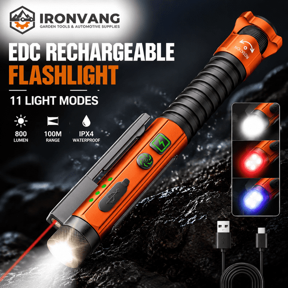 EDC Rechargeable Flashlight 800 Lumen, USB-C Small Pocket Flashlight with Magnetic Clip & Base, 11 Modes LED Torch, Glass Breaker & Bottle Opener for Emergency & Work