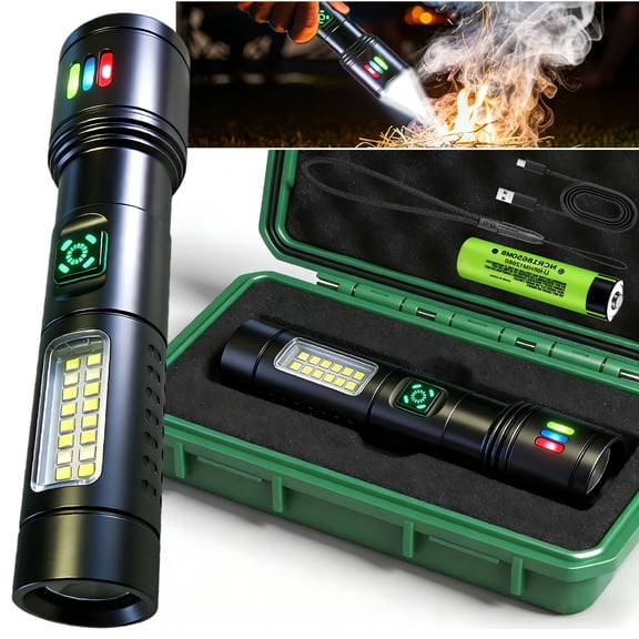 EDC Tactical Fire-Starting Survival Flashlight Kit with Storage Box, High Power LED, Aluminum Alloy, USB‑C Rechargeable, Fresnel Lens, for Camping, Emergency, Survival Kit  Men’s Gift