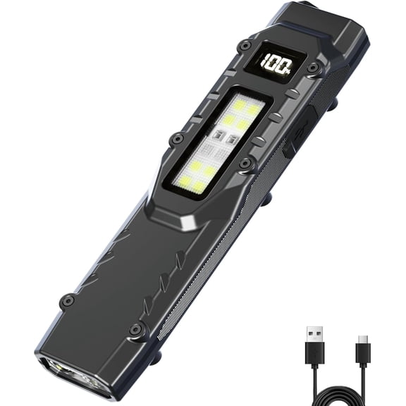 EDC Tactical Flashlight DT007, Compact 7 Mode Pocket LED - 1500LM, USB-C Rechargeable Digital Display, IPX5 with Side Light and Clip for Everyday Carry Travel (1, Black)